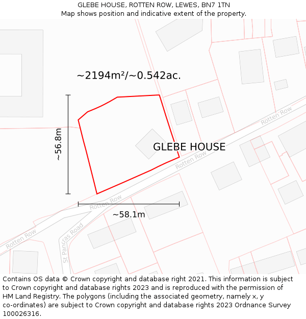 GLEBE HOUSE, ROTTEN ROW, LEWES, BN7 1TN: Plot and title map