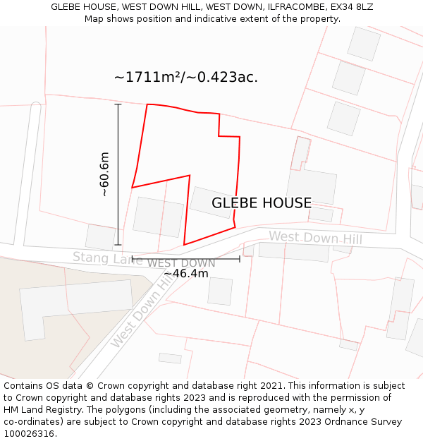 GLEBE HOUSE, WEST DOWN HILL, WEST DOWN, ILFRACOMBE, EX34 8LZ: Plot and title map