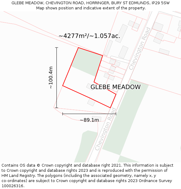 GLEBE MEADOW, CHEVINGTON ROAD, HORRINGER, BURY ST EDMUNDS, IP29 5SW: Plot and title map