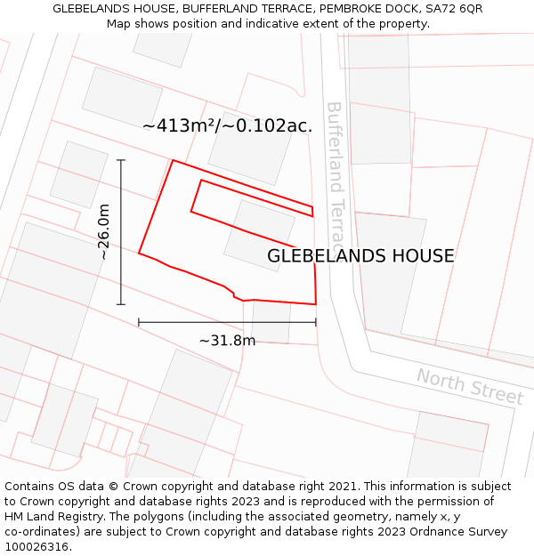 GLEBELANDS HOUSE, BUFFERLAND TERRACE, PEMBROKE DOCK, SA72 6QR: Plot and title map