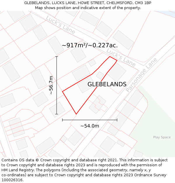 GLEBELANDS, LUCKS LANE, HOWE STREET, CHELMSFORD, CM3 1BP: Plot and title map