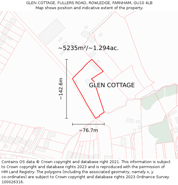 GLEN COTTAGE, FULLERS ROAD, ROWLEDGE, FARNHAM, GU10 4LB: Plot and title map