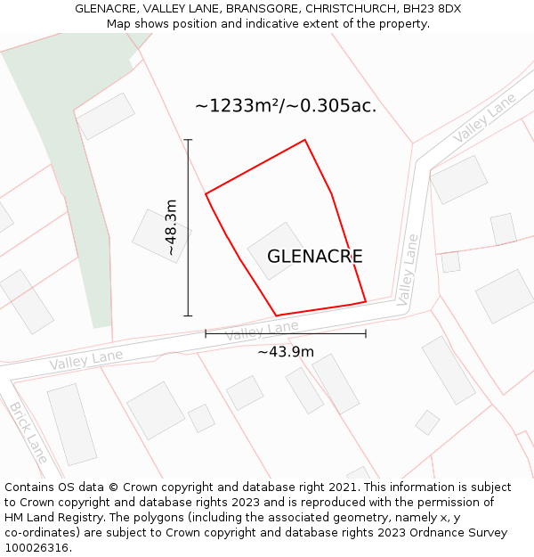 GLENACRE, VALLEY LANE, BRANSGORE, CHRISTCHURCH, BH23 8DX: Plot and title map