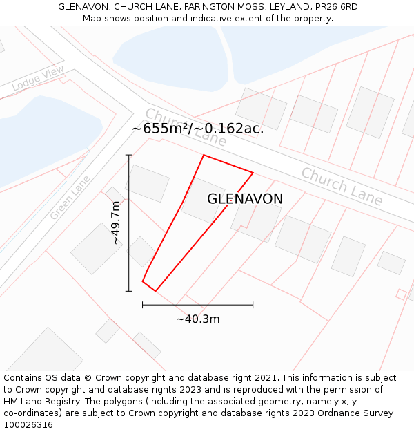 GLENAVON, CHURCH LANE, FARINGTON MOSS, LEYLAND, PR26 6RD: Plot and title map