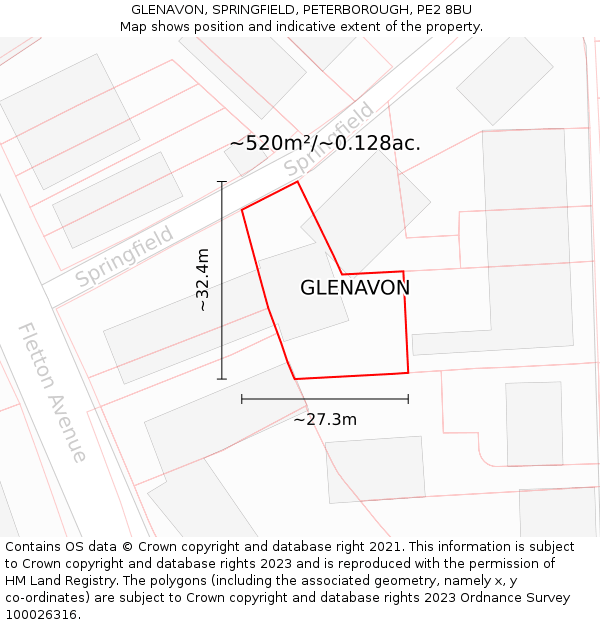 GLENAVON, SPRINGFIELD, PETERBOROUGH, PE2 8BU: Plot and title map