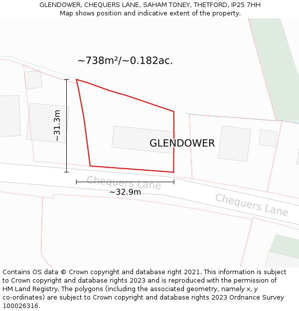 GLENDOWER, CHEQUERS LANE, SAHAM TONEY, THETFORD, IP25 7HH: Plot and title map