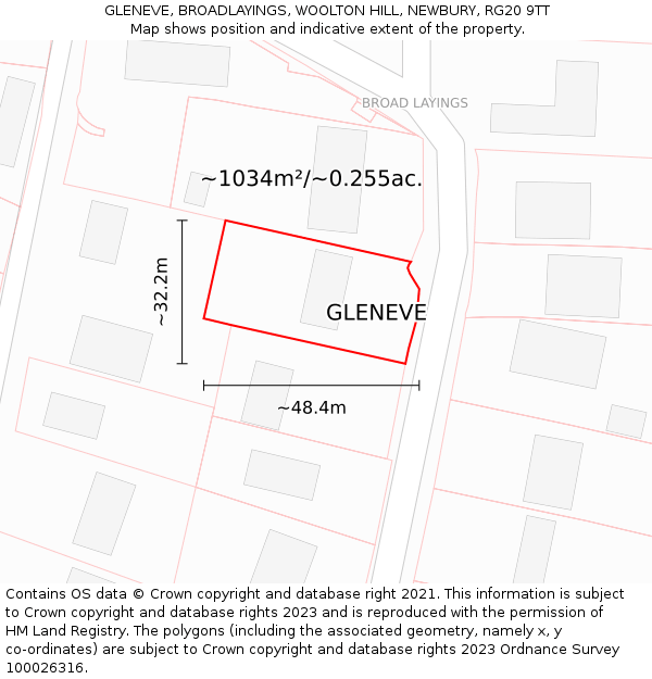 GLENEVE, BROADLAYINGS, WOOLTON HILL, NEWBURY, RG20 9TT: Plot and title map