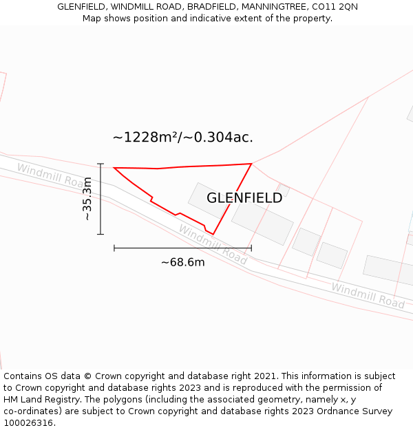 GLENFIELD, WINDMILL ROAD, BRADFIELD, MANNINGTREE, CO11 2QN: Plot and title map
