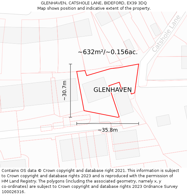 GLENHAVEN, CATSHOLE LANE, BIDEFORD, EX39 3DQ: Plot and title map