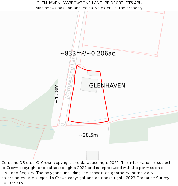 GLENHAVEN, MARROWBONE LANE, BRIDPORT, DT6 4BU: Plot and title map