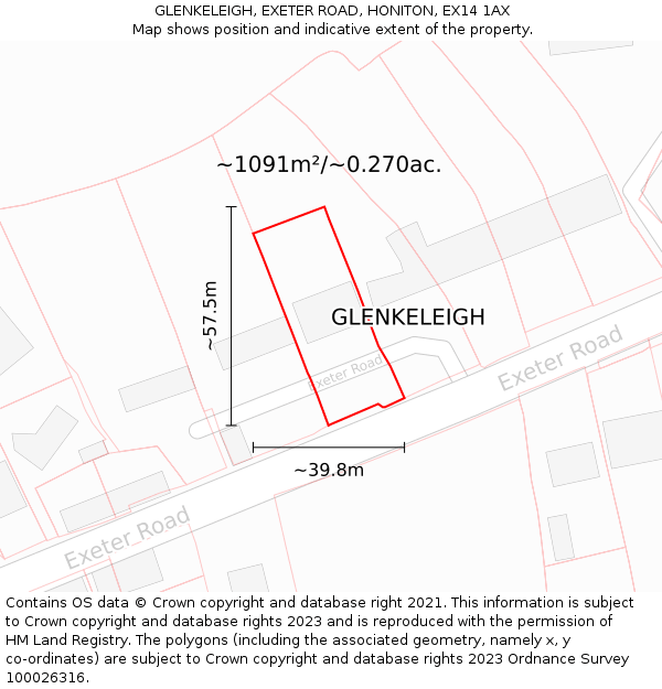 GLENKELEIGH, EXETER ROAD, HONITON, EX14 1AX: Plot and title map