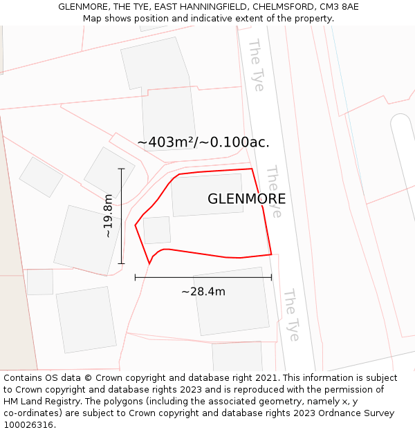 GLENMORE, THE TYE, EAST HANNINGFIELD, CHELMSFORD, CM3 8AE: Plot and title map