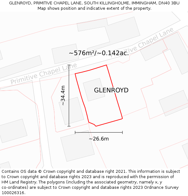 GLENROYD, PRIMITIVE CHAPEL LANE, SOUTH KILLINGHOLME, IMMINGHAM, DN40 3BU: Plot and title map
