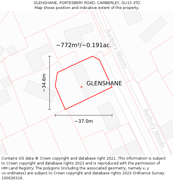 GLENSHANE, PORTESBERY ROAD, CAMBERLEY, GU15 3TD: Plot and title map