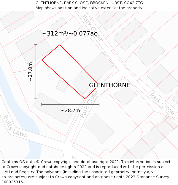 GLENTHORNE, PARK CLOSE, BROCKENHURST, SO42 7TG: Plot and title map