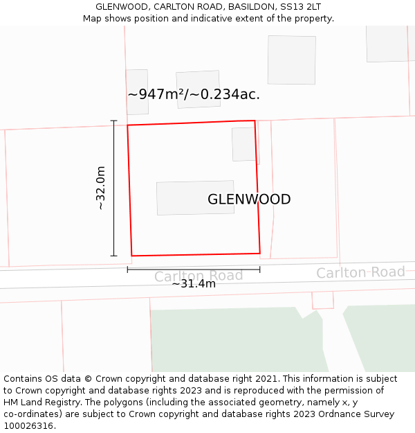 GLENWOOD, CARLTON ROAD, BASILDON, SS13 2LT: Plot and title map