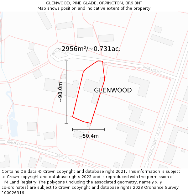 GLENWOOD, PINE GLADE, ORPINGTON, BR6 8NT: Plot and title map