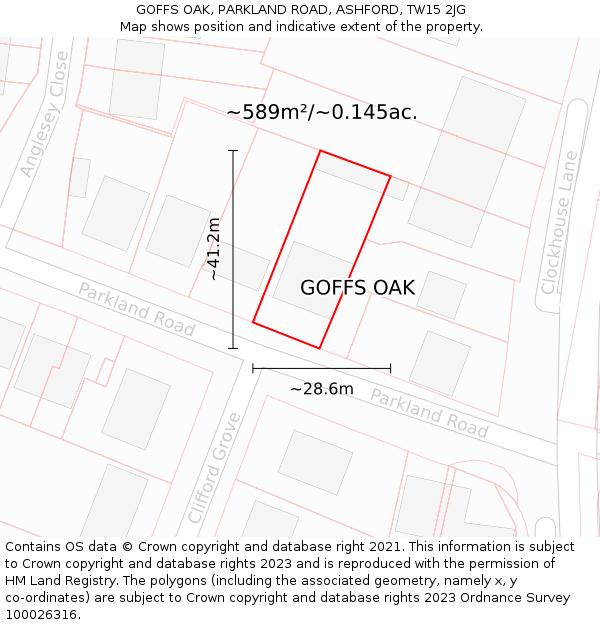 GOFFS OAK, PARKLAND ROAD, ASHFORD, TW15 2JG: Plot and title map
