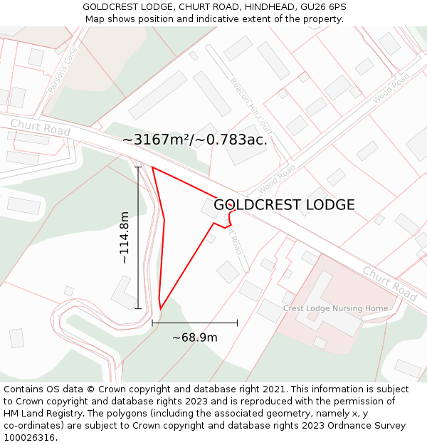 GOLDCREST LODGE, CHURT ROAD, HINDHEAD, GU26 6PS: Plot and title map