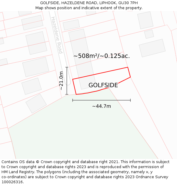 GOLFSIDE, HAZELDENE ROAD, LIPHOOK, GU30 7PH: Plot and title map
