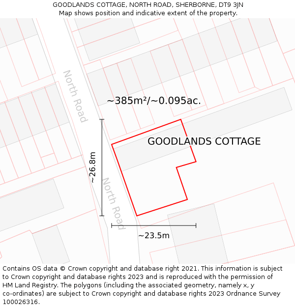 GOODLANDS COTTAGE, NORTH ROAD, SHERBORNE, DT9 3JN: Plot and title map