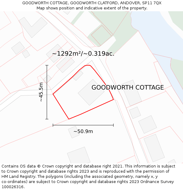 GOODWORTH COTTAGE, GOODWORTH CLATFORD, ANDOVER, SP11 7QX: Plot and title map