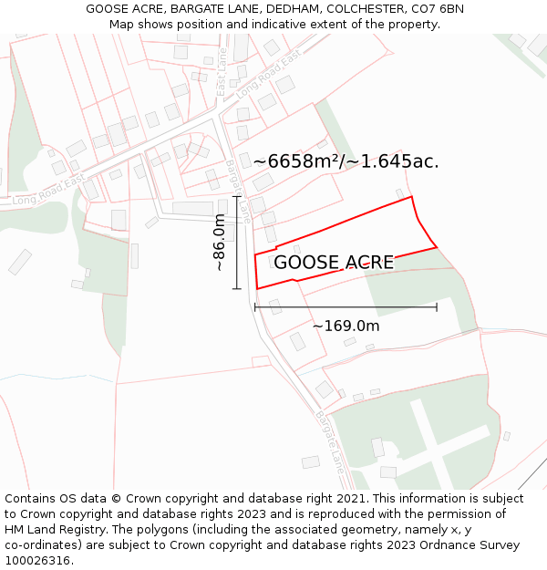 GOOSE ACRE, BARGATE LANE, DEDHAM, COLCHESTER, CO7 6BN: Plot and title map