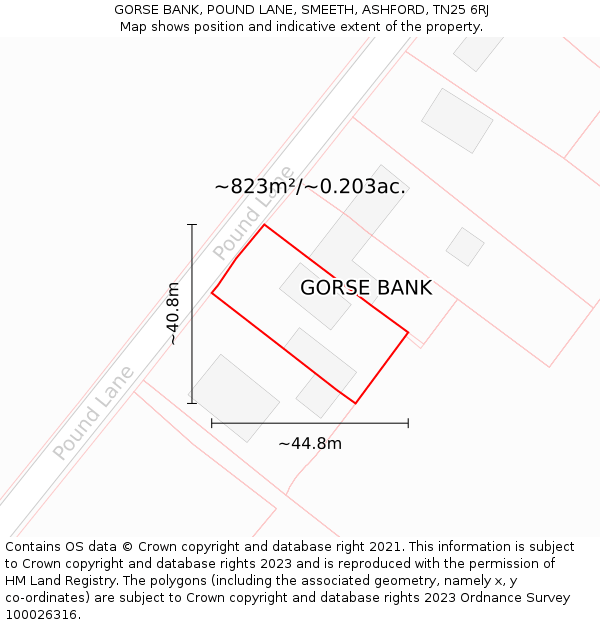 GORSE BANK, POUND LANE, SMEETH, ASHFORD, TN25 6RJ: Plot and title map