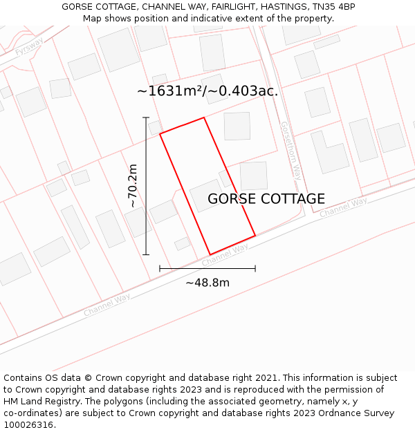 GORSE COTTAGE, CHANNEL WAY, FAIRLIGHT, HASTINGS, TN35 4BP: Plot and title map