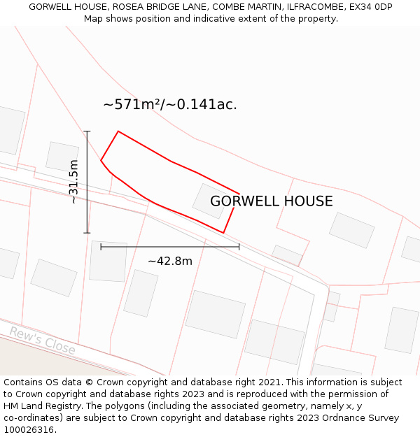 GORWELL HOUSE, ROSEA BRIDGE LANE, COMBE MARTIN, ILFRACOMBE, EX34 0DP: Plot and title map