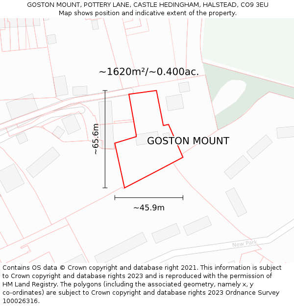 GOSTON MOUNT, POTTERY LANE, CASTLE HEDINGHAM, HALSTEAD, CO9 3EU: Plot and title map