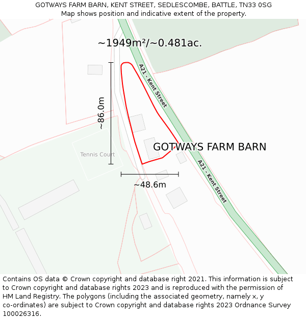 GOTWAYS FARM BARN, KENT STREET, SEDLESCOMBE, BATTLE, TN33 0SG: Plot and title map
