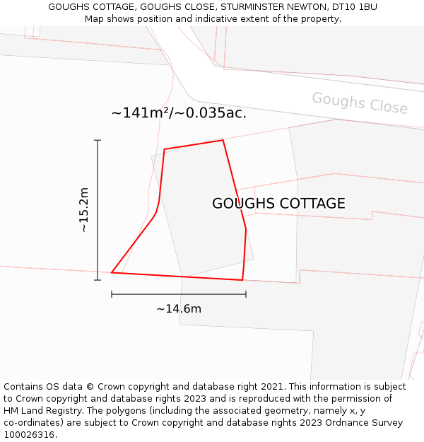 GOUGHS COTTAGE, GOUGHS CLOSE, STURMINSTER NEWTON, DT10 1BU: Plot and title map