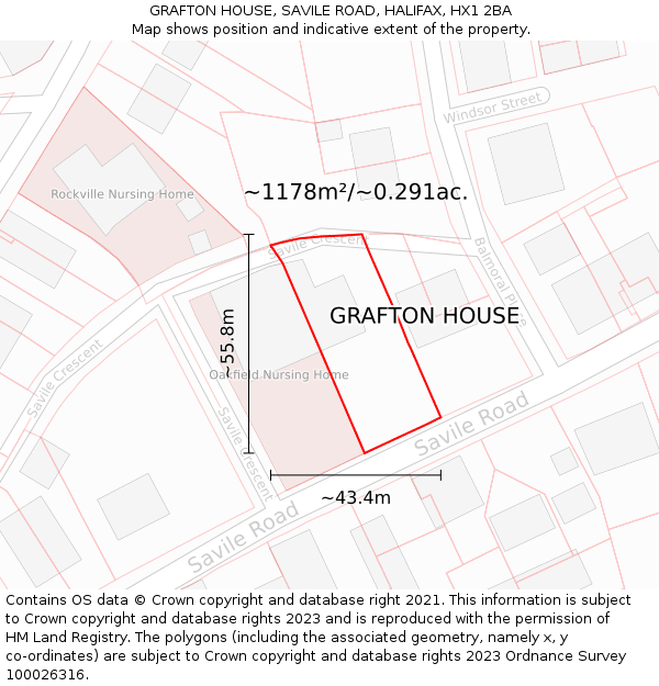 GRAFTON HOUSE, SAVILE ROAD, HALIFAX, HX1 2BA: Plot and title map