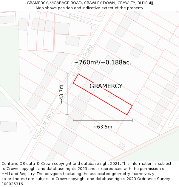 GRAMERCY, VICARAGE ROAD, CRAWLEY DOWN, CRAWLEY, RH10 4JJ: Plot and title map