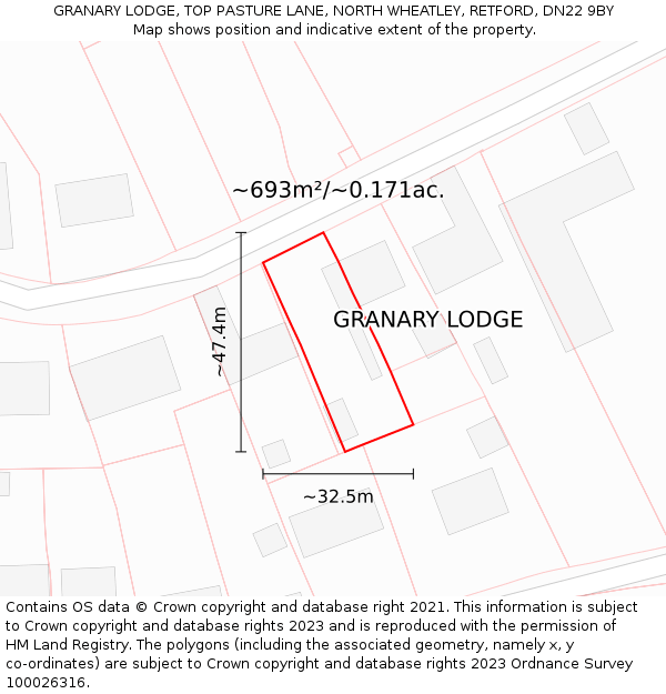 GRANARY LODGE, TOP PASTURE LANE, NORTH WHEATLEY, RETFORD, DN22 9BY: Plot and title map