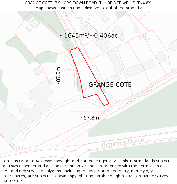 GRANGE COTE, BISHOPS DOWN ROAD, TUNBRIDGE WELLS, TN4 8XL: Plot and title map