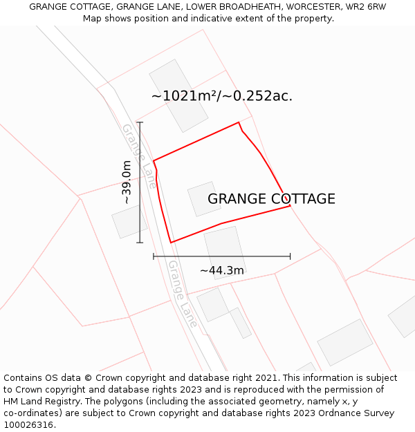 GRANGE COTTAGE, GRANGE LANE, LOWER BROADHEATH, WORCESTER, WR2 6RW: Plot and title map