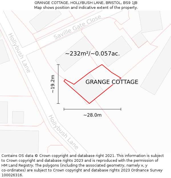GRANGE COTTAGE, HOLLYBUSH LANE, BRISTOL, BS9 1JB: Plot and title map