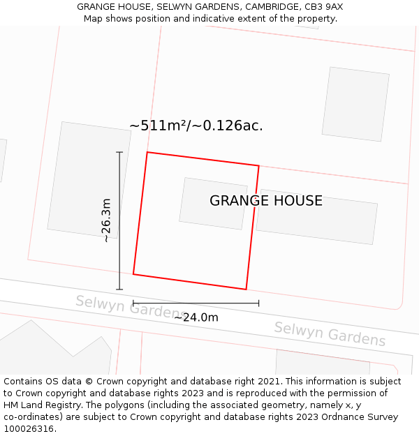 GRANGE HOUSE, SELWYN GARDENS, CAMBRIDGE, CB3 9AX: Plot and title map