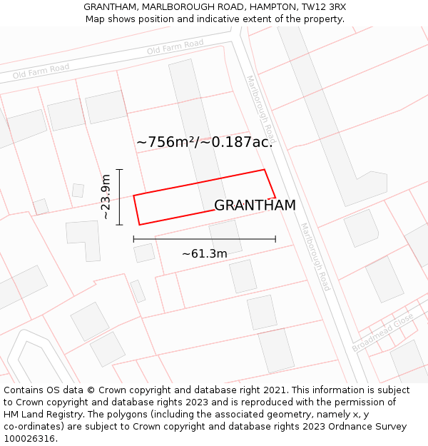 GRANTHAM, MARLBOROUGH ROAD, HAMPTON, TW12 3RX: Plot and title map