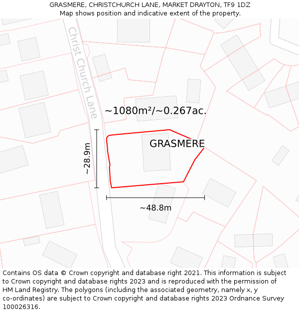 GRASMERE, CHRISTCHURCH LANE, MARKET DRAYTON, TF9 1DZ: Plot and title map