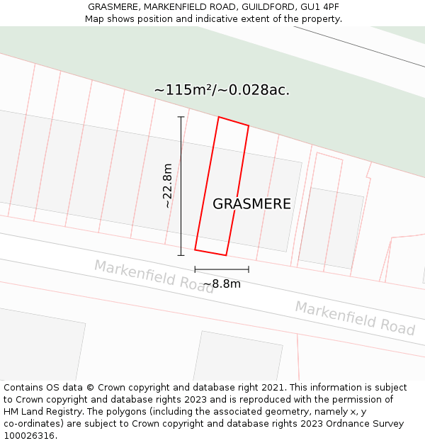 GRASMERE, MARKENFIELD ROAD, GUILDFORD, GU1 4PF: Plot and title map