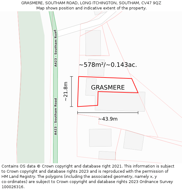 GRASMERE, SOUTHAM ROAD, LONG ITCHINGTON, SOUTHAM, CV47 9QZ: Plot and title map