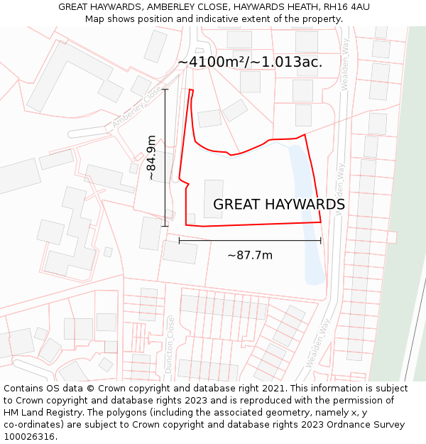 GREAT HAYWARDS, AMBERLEY CLOSE, HAYWARDS HEATH, RH16 4AU: Plot and title map
