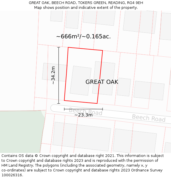 GREAT OAK, BEECH ROAD, TOKERS GREEN, READING, RG4 9EH: Plot and title map