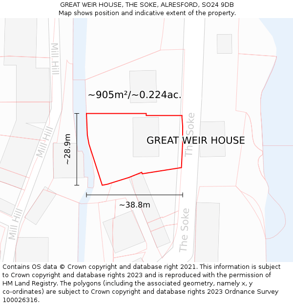 GREAT WEIR HOUSE, THE SOKE, ALRESFORD, SO24 9DB: Plot and title map