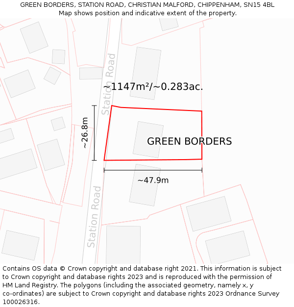 GREEN BORDERS, STATION ROAD, CHRISTIAN MALFORD, CHIPPENHAM, SN15 4BL: Plot and title map