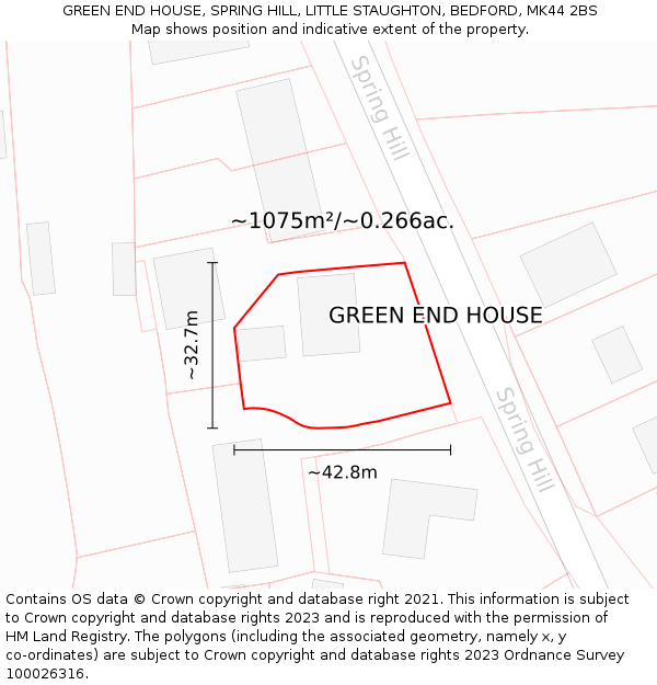 GREEN END HOUSE, SPRING HILL, LITTLE STAUGHTON, BEDFORD, MK44 2BS: Plot and title map