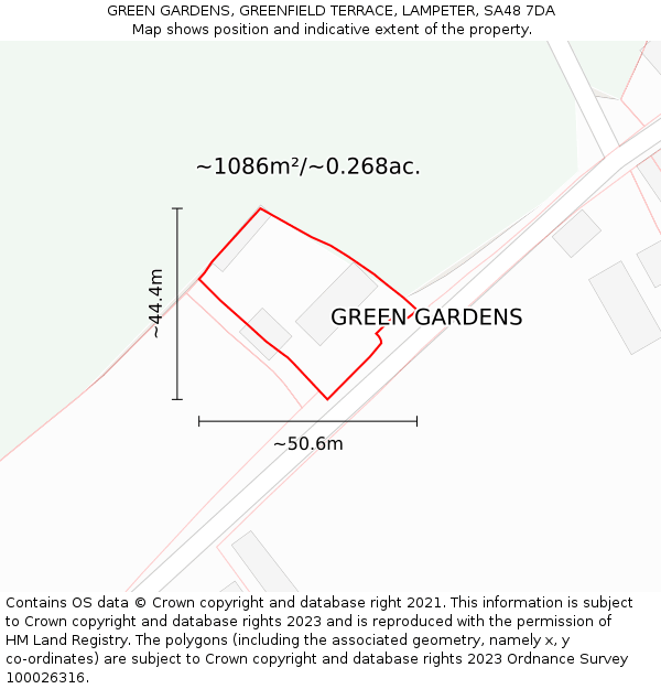 GREEN GARDENS, GREENFIELD TERRACE, LAMPETER, SA48 7DA: Plot and title map